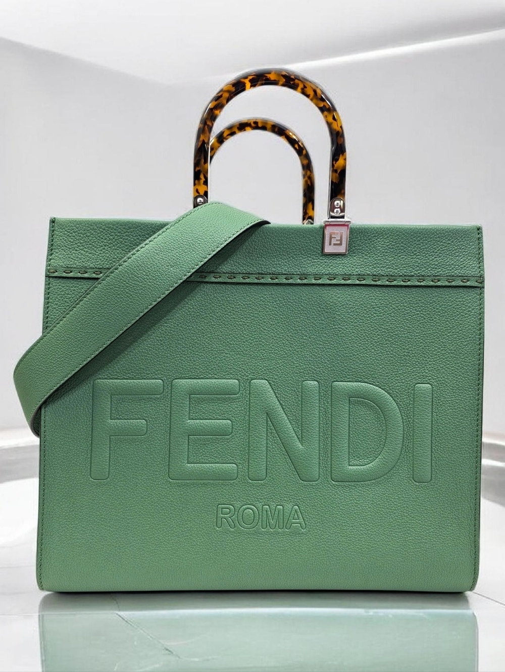 Fendi Sunshine Medium Tote Bag Green Embossed Logo Shoulder Bag